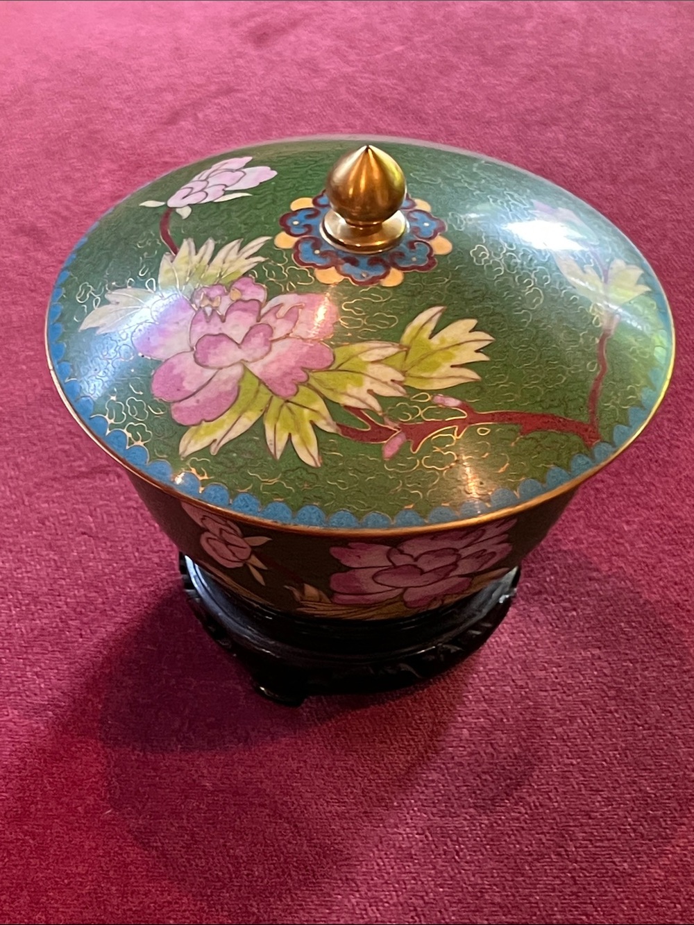 Vintage Green Cloisonné Floral Lidded Trinket Jar